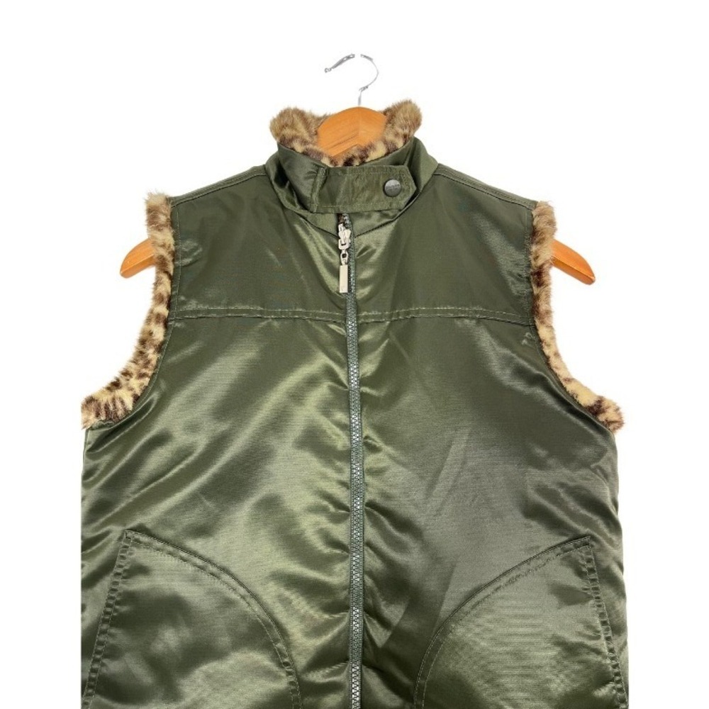 GUESS Reversible Faux Fur Leopard Vest Olive Green Zip Women's‎ Sz S Y2K - Picture 6 of 9
